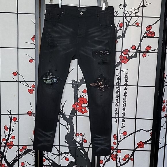 Amiri Black Distressed Bandana Denim Panelled Skinny Jeans Size 41 - Picture 2 of 11